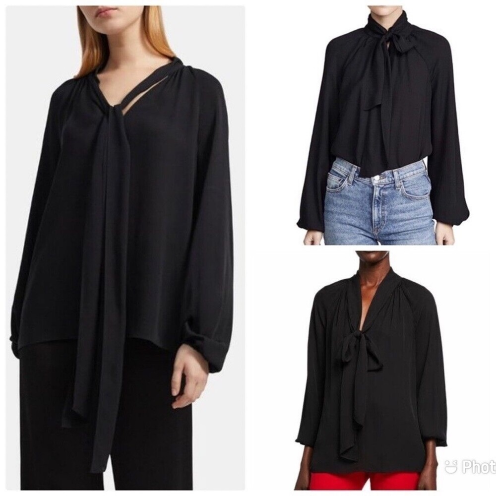 Theory Black‎ Silk Scarf Blouse Long Sleeve Sz S Tie Bow